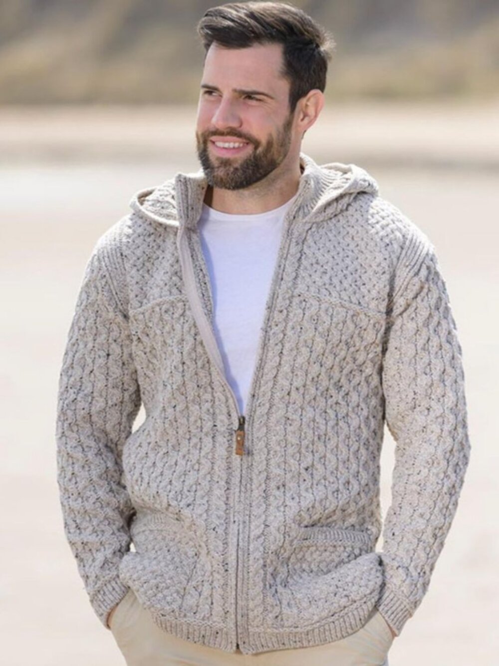 Aran Crafts Ireland Merino Wool Hooded Cardigan Mens XL Oatmeal Cable Knit Zip